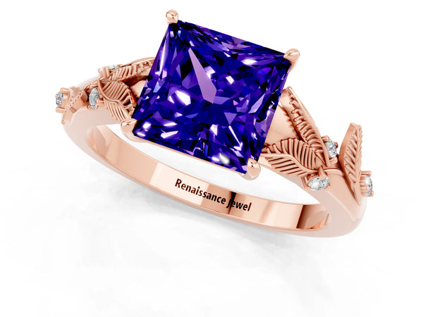Rose gold Princess Cut Tanzanite Solitaire Ring with Leaf Motif Band and Four-Prong Setting