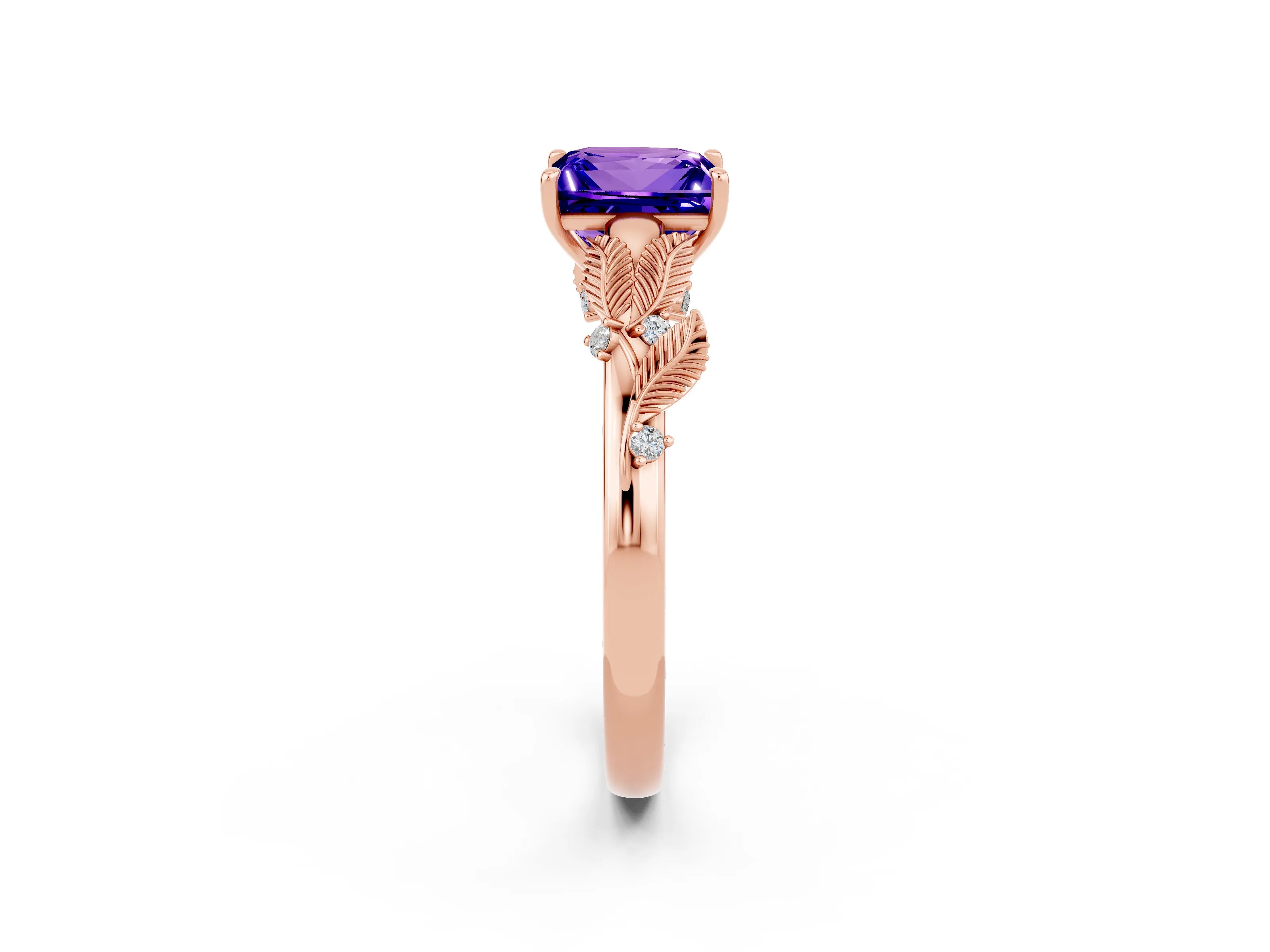 Rose gold Princess Cut Tanzanite Solitaire Ring with Leaf Motif Band and Four-Prong Setting_2