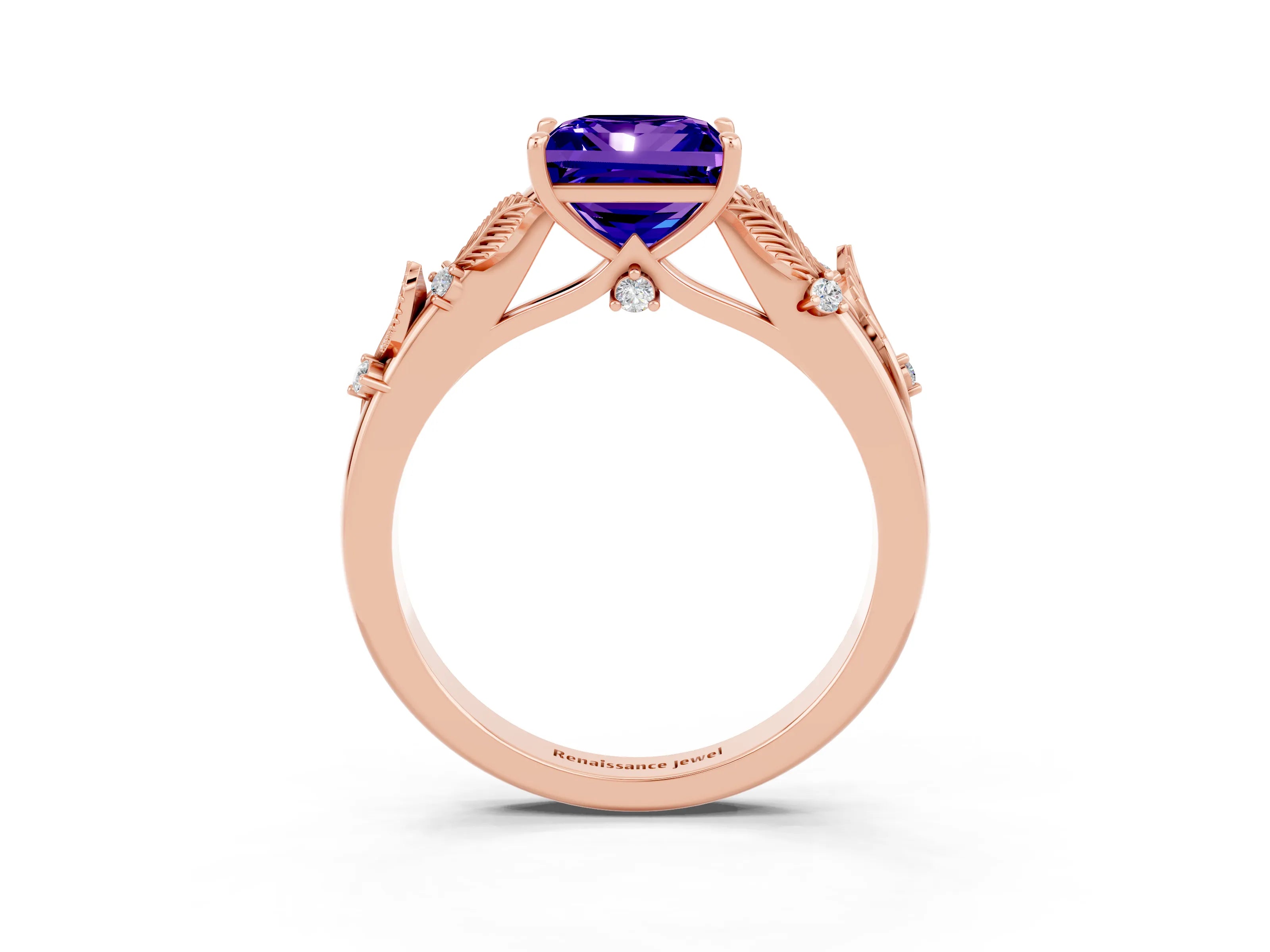 Rose gold Princess Cut Tanzanite Solitaire Ring with Leaf Motif Band and Four-Prong Setting_3