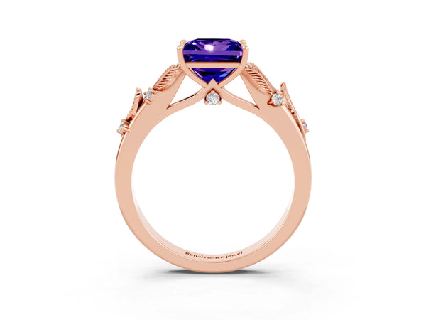 Rose gold Princess Cut Tanzanite Solitaire Ring with Leaf Motif Band and Four-Prong Setting