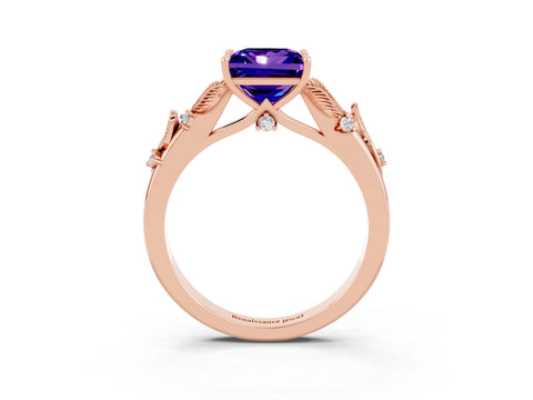 Rose gold Princess Cut Tanzanite Solitaire Ring with Leaf Motif Band and Four-Prong Setting_3