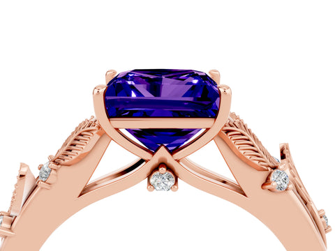 Rose gold Princess Cut Tanzanite Solitaire Ring with Leaf Motif Band and Four-Prong Setting_4