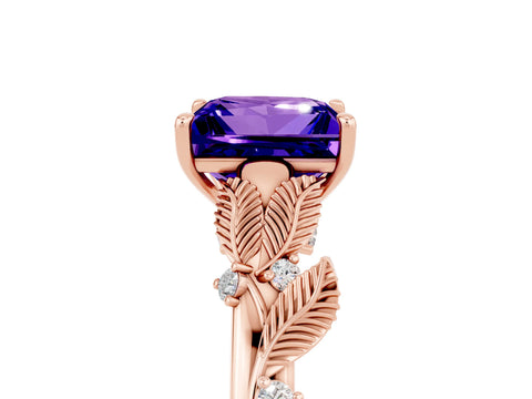 Rose gold Princess Cut Tanzanite Solitaire Ring with Leaf Motif Band and Four-Prong Setting_5