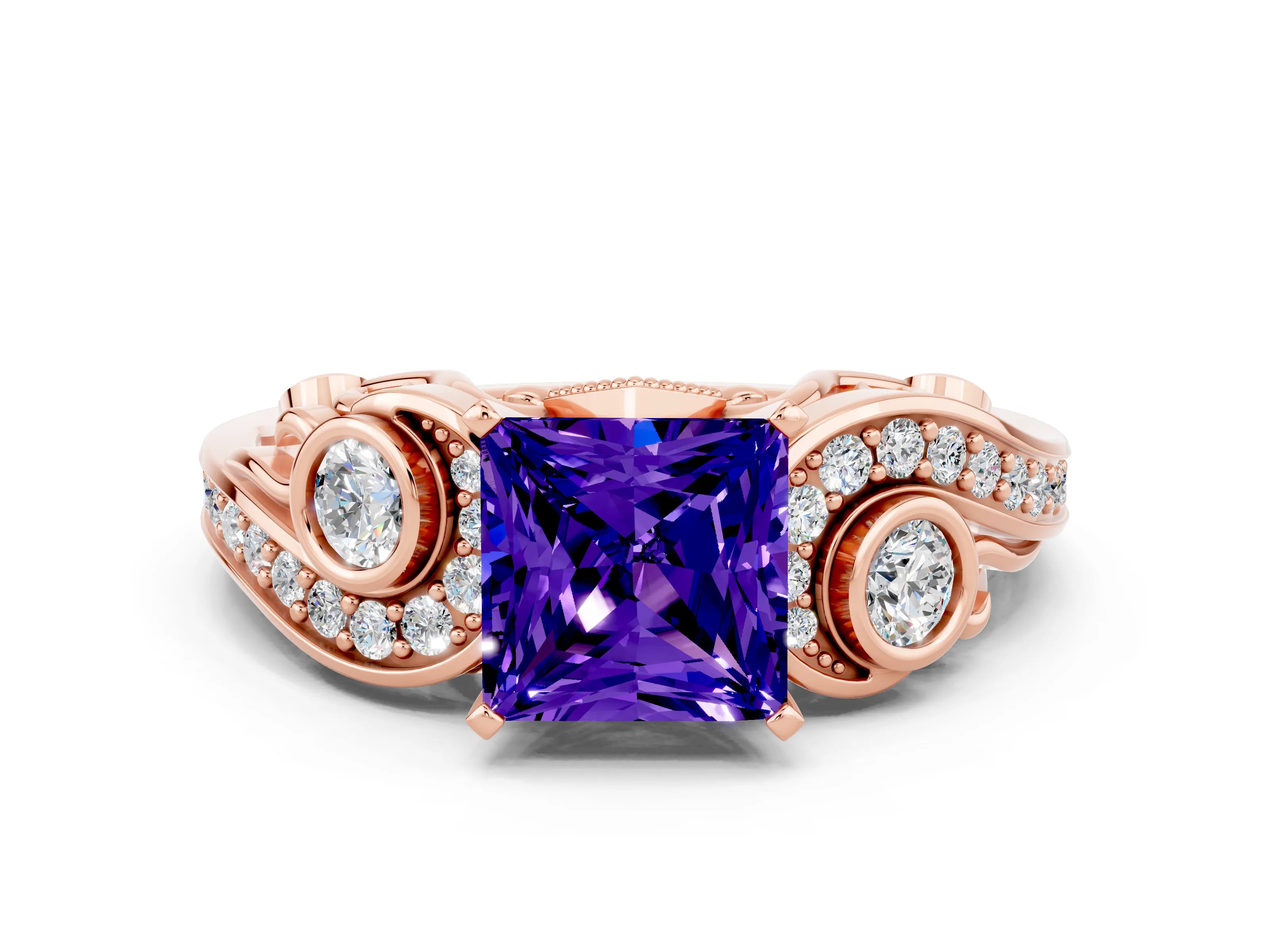 Rose gold Princess Cut Tanzanite Solitaire Ring with Milgrain Pavé Band and Four-Prong Setting_24