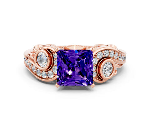 Rose gold Princess Cut Tanzanite Solitaire Ring with Milgrain Pavé Band and Four-Prong Setting_24