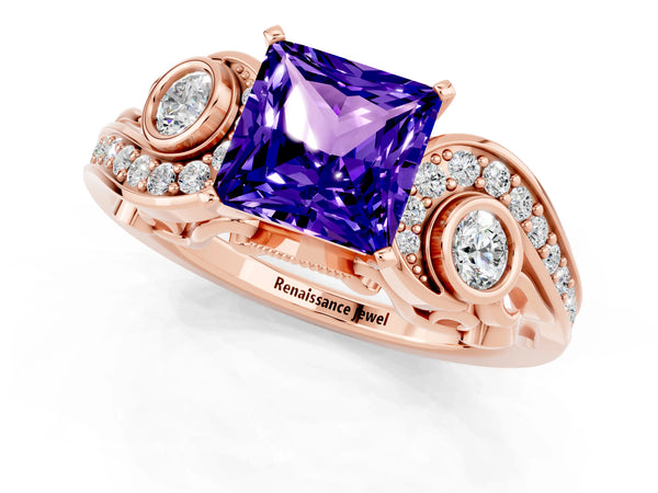 Rose gold Princess Cut Tanzanite Solitaire Ring with Milgrain Pavé Band and Four-Prong Setting