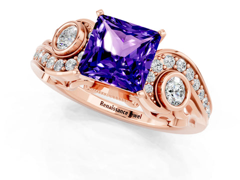 Rose gold Princess Cut Tanzanite Solitaire Ring with Milgrain Pavé Band and Four-Prong Setting_25