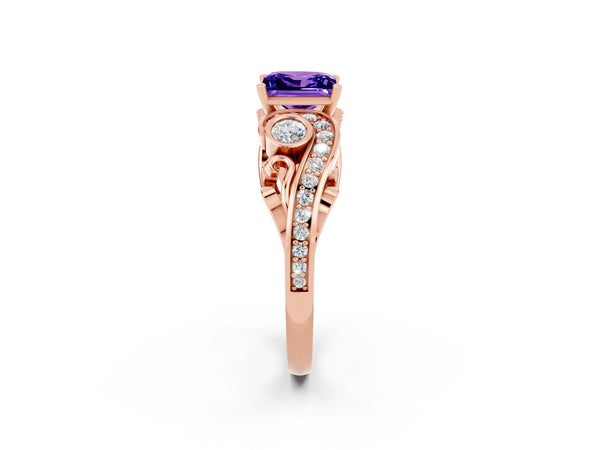 Rose gold Princess Cut Tanzanite Solitaire Ring with Milgrain Pavé Band and Four-Prong Setting