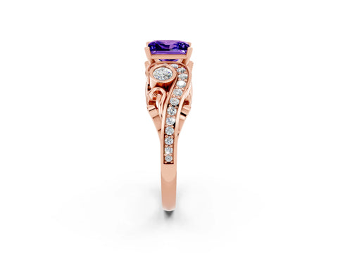 Rose gold Princess Cut Tanzanite Solitaire Ring with Milgrain Pavé Band and Four-Prong Setting_26