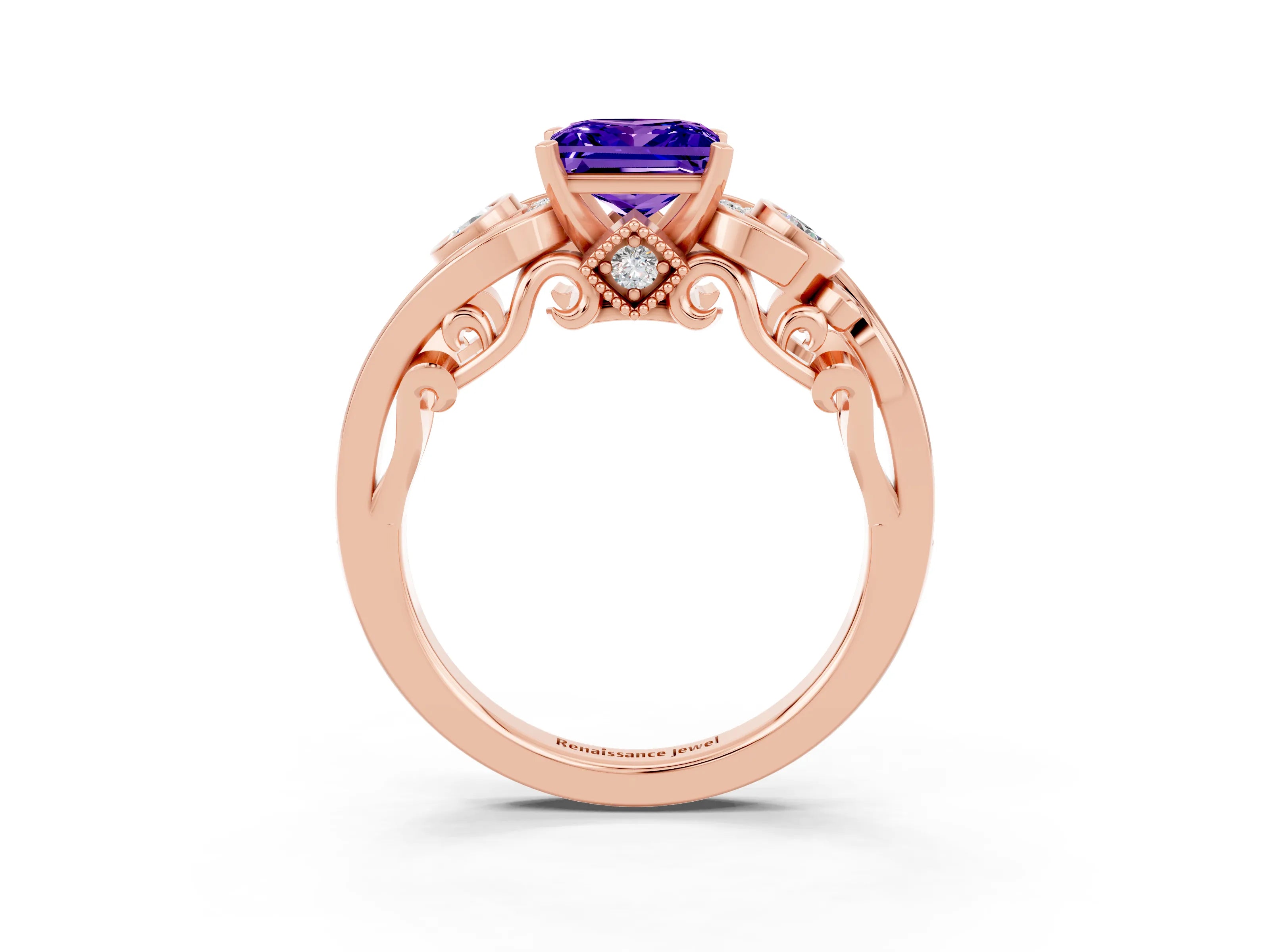 Rose gold Princess Cut Tanzanite Solitaire Ring with Milgrain Pavé Band and Four-Prong Setting_27