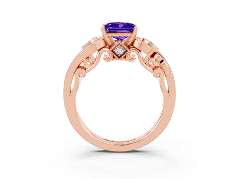 Rose gold Princess Cut Tanzanite Solitaire Ring with Milgrain Pavé Band and Four-Prong Setting_27
