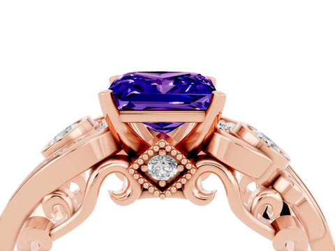 Rose gold Princess Cut Tanzanite Solitaire Ring with Milgrain Pavé Band and Four-Prong Setting_28