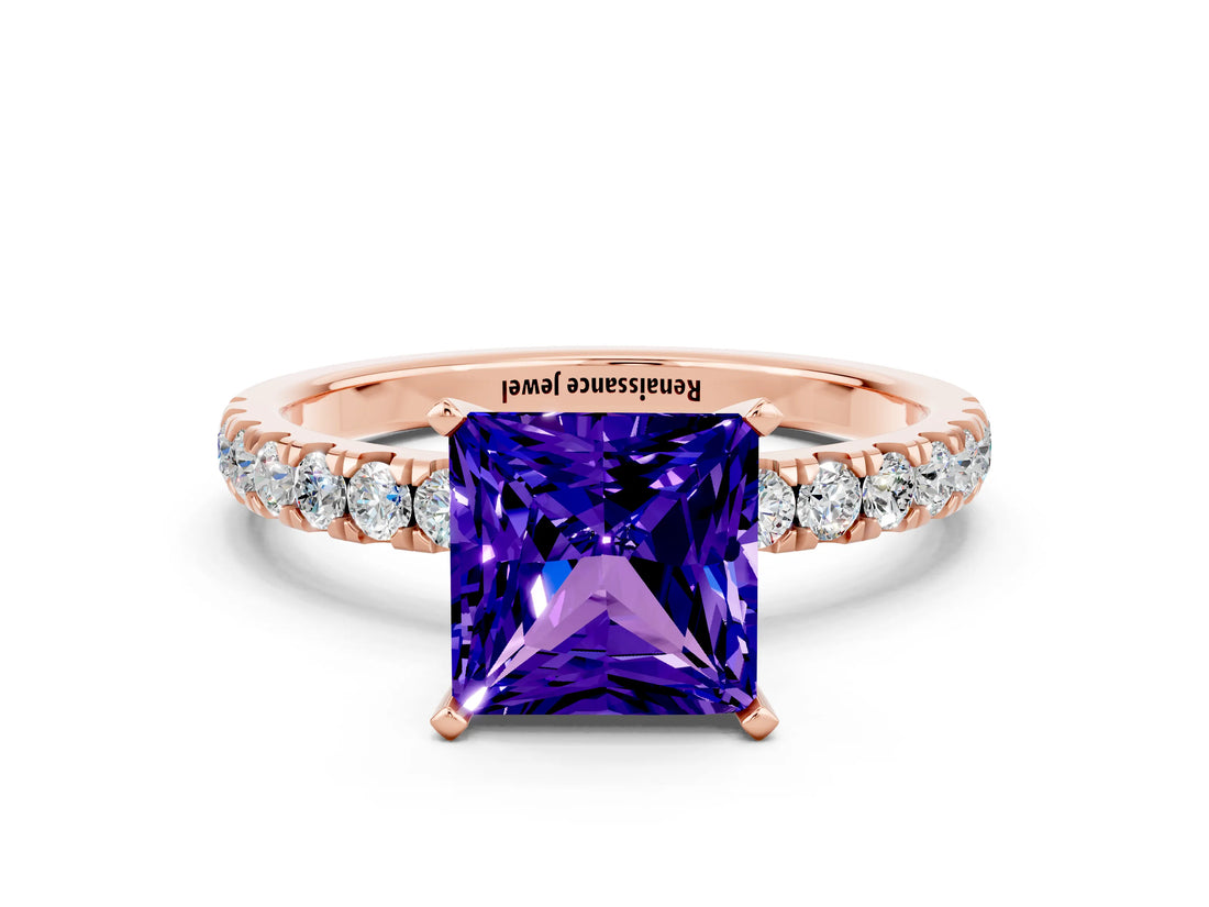 Rose gold Princess Cut Tanzanite Solitaire Ring with Pavé Accents and Four-Prong Setting
