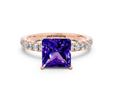 Rose gold Princess Cut Tanzanite Solitaire Ring with Pavé Accents and Four-Prong Setting
