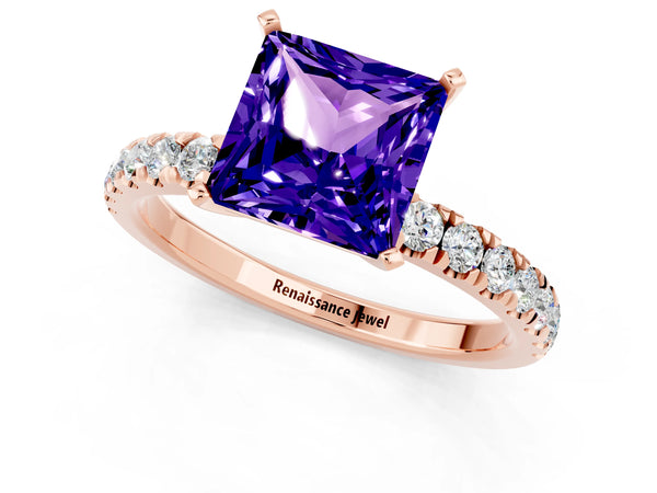 Rose gold Princess Cut Tanzanite Solitaire Ring with Pavé Accents and Four-Prong Setting
