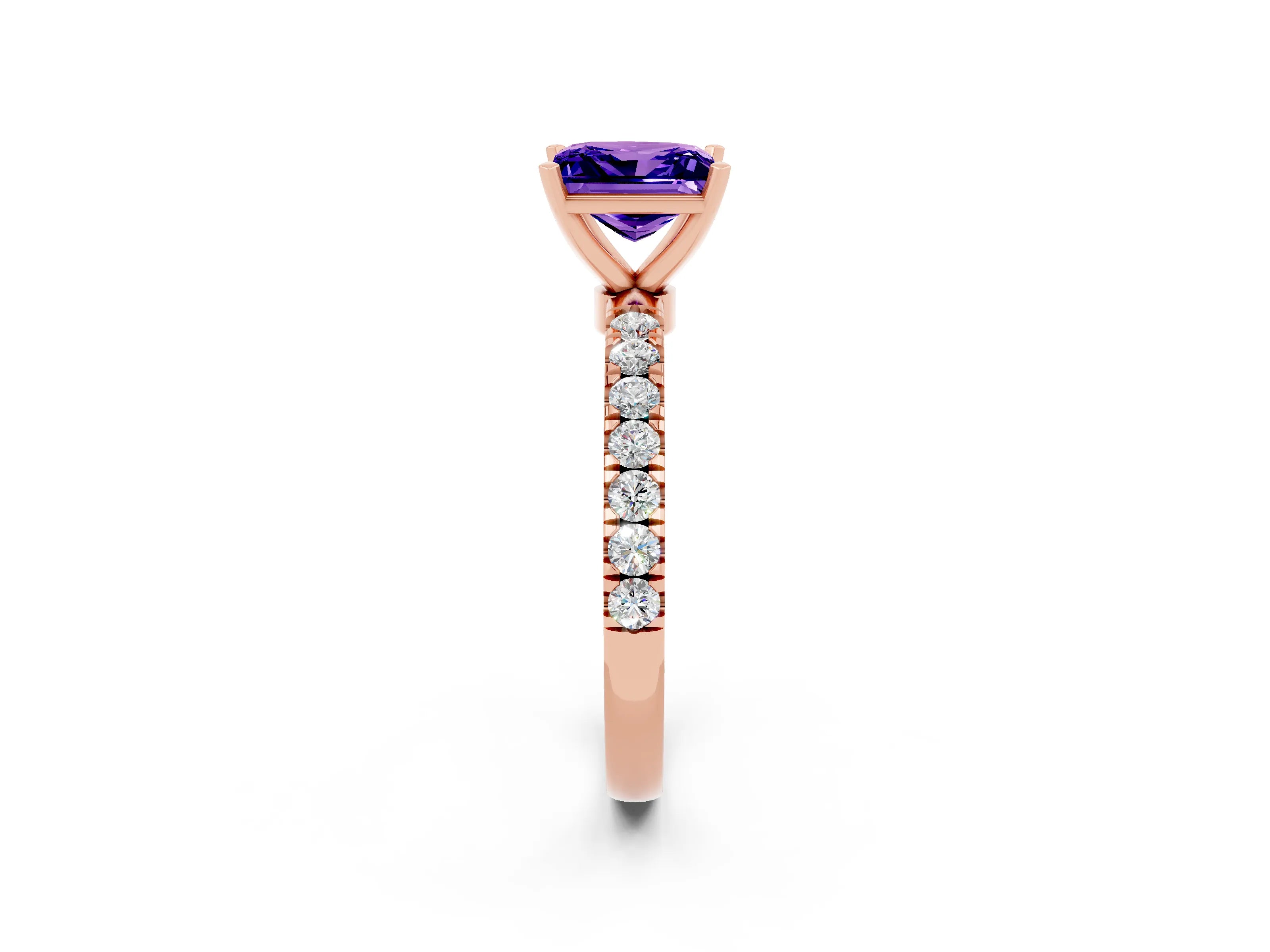 Rose gold Princess Cut Tanzanite Solitaire Ring with Pavé Accents and Four-Prong Setting_2