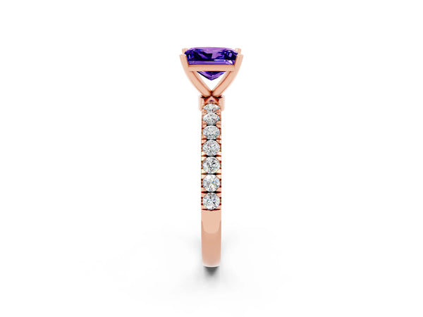 Rose gold Princess Cut Tanzanite Solitaire Ring with Pavé Accents and Four-Prong Setting