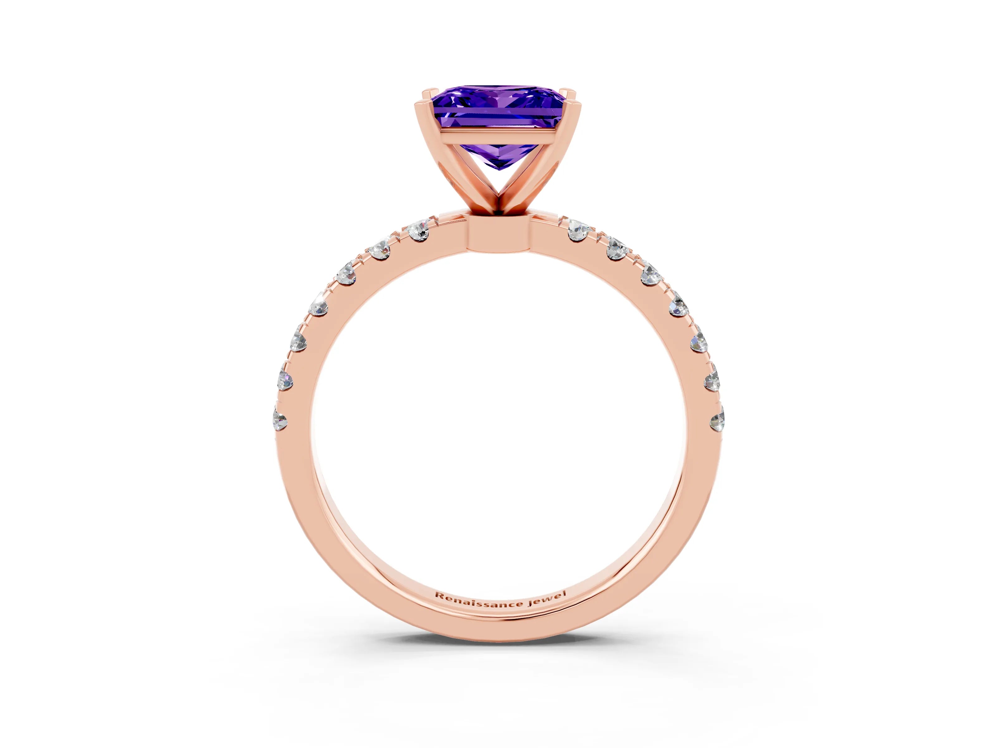 Rose gold Princess Cut Tanzanite Solitaire Ring with Pavé Accents and Four-Prong Setting_3