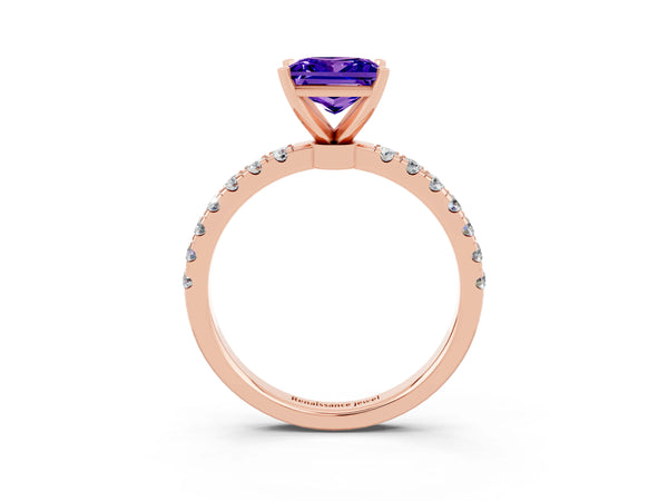 Rose gold Princess Cut Tanzanite Solitaire Ring with Pavé Accents and Four-Prong Setting