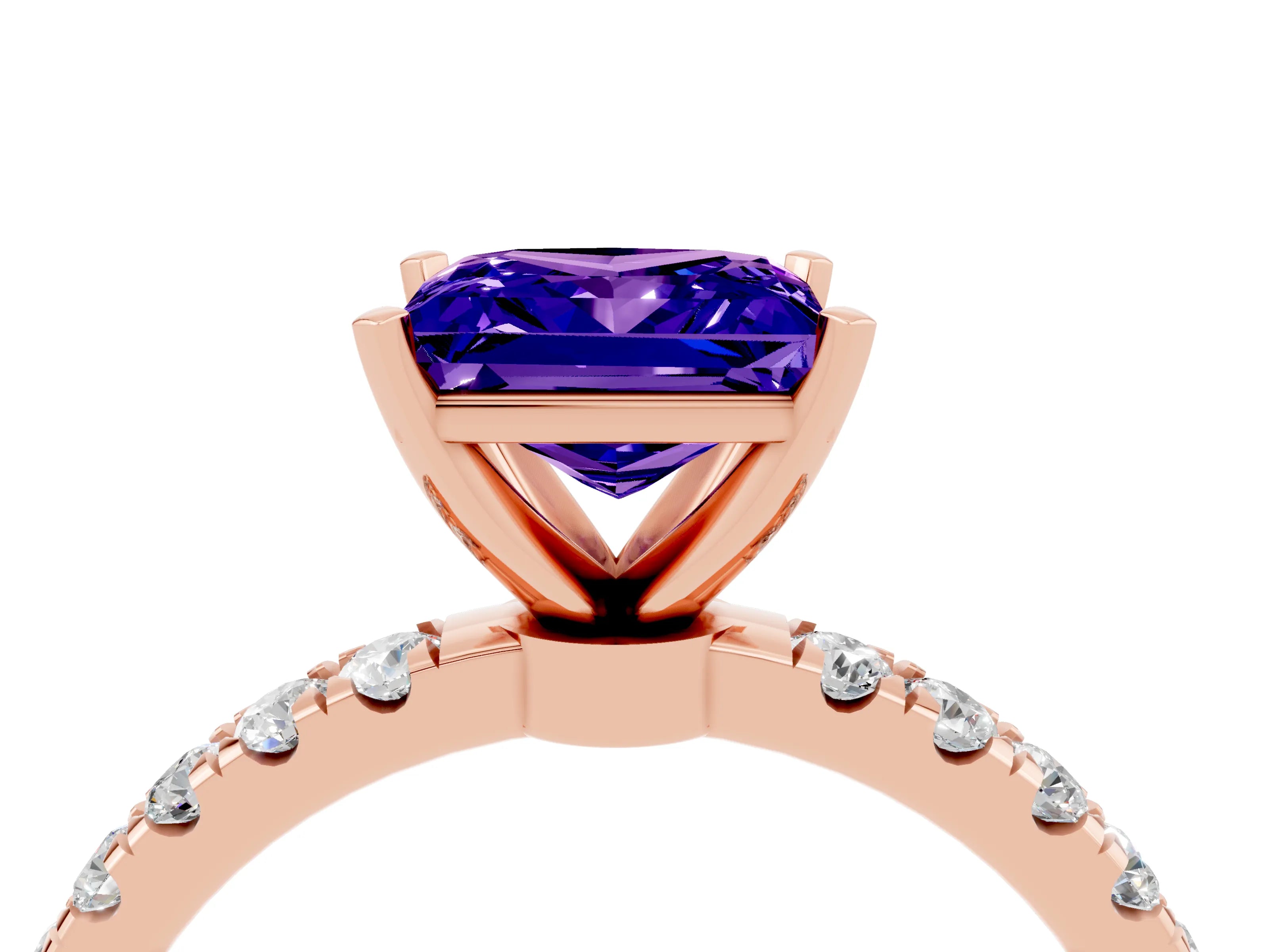 Rose gold Princess Cut Tanzanite Solitaire Ring with Pavé Accents and Four-Prong Setting_4