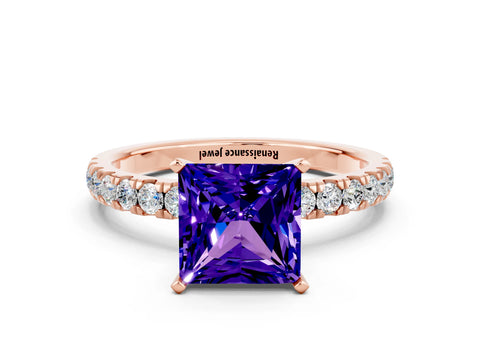 Rose gold Princess Cut Tanzanite Solitaire Ring with Pavé Accents and Four-Prong Setting