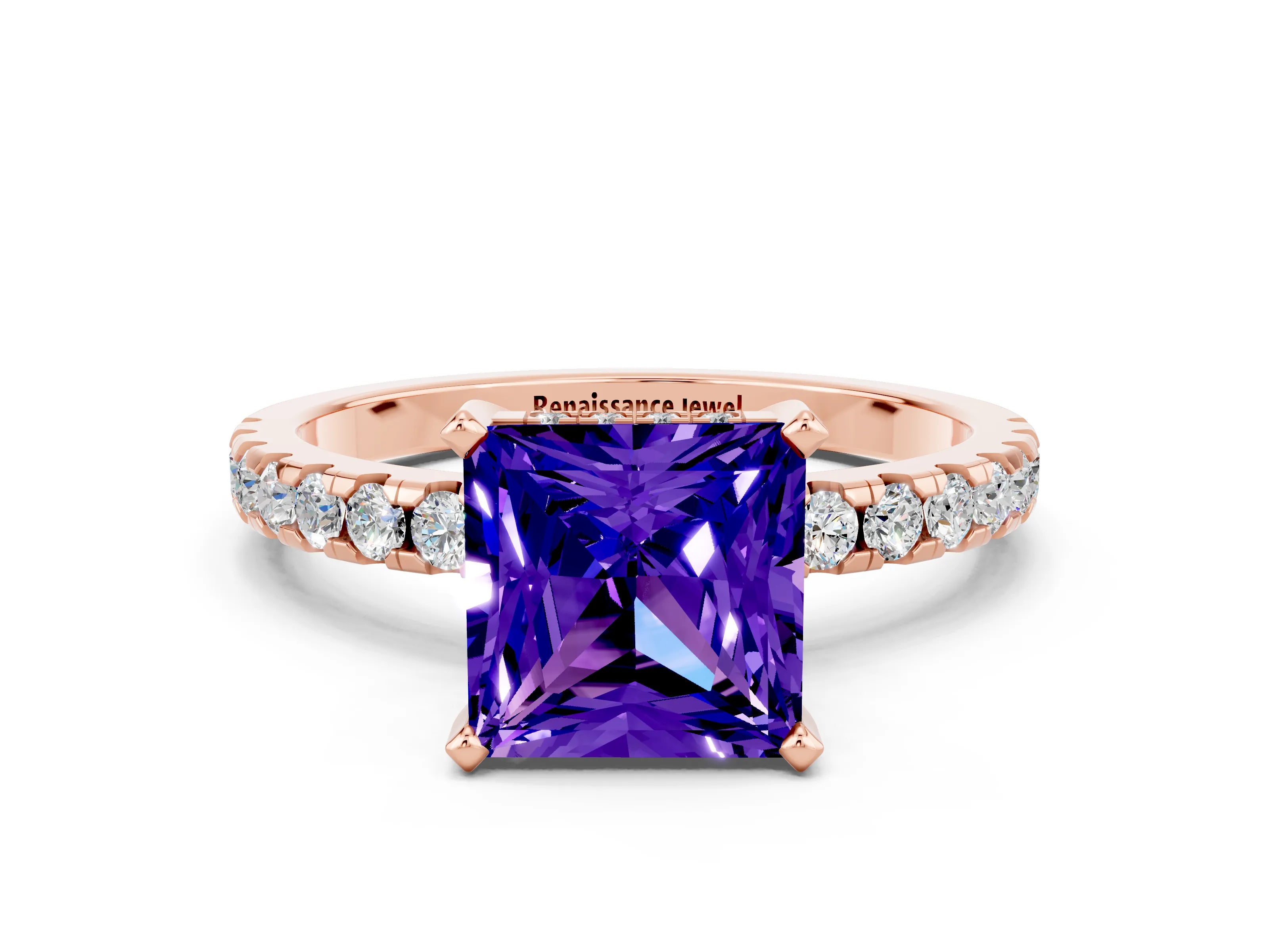 Rose gold Princess Cut Tanzanite Solitaire Ring with Pavé Band and Four-Prong Setting_24