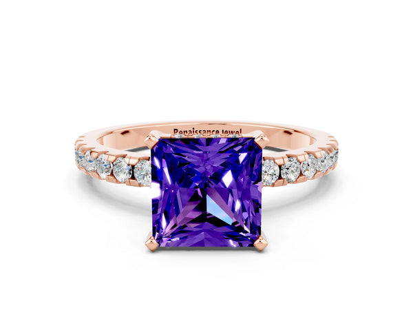 Rose gold Princess Cut Tanzanite Solitaire Ring with Round  Pavé Band and Four-Prong Setting