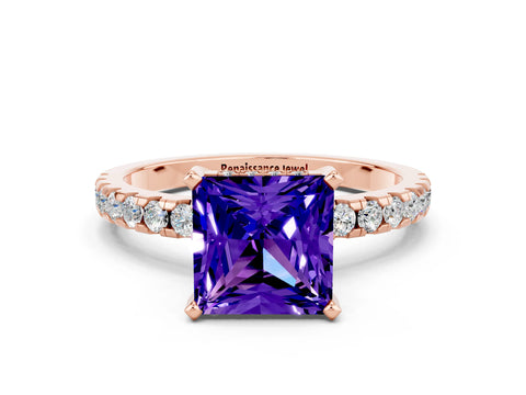 Rose gold Princess Cut Tanzanite Solitaire Ring with Pavé Band and Four-Prong Setting_24