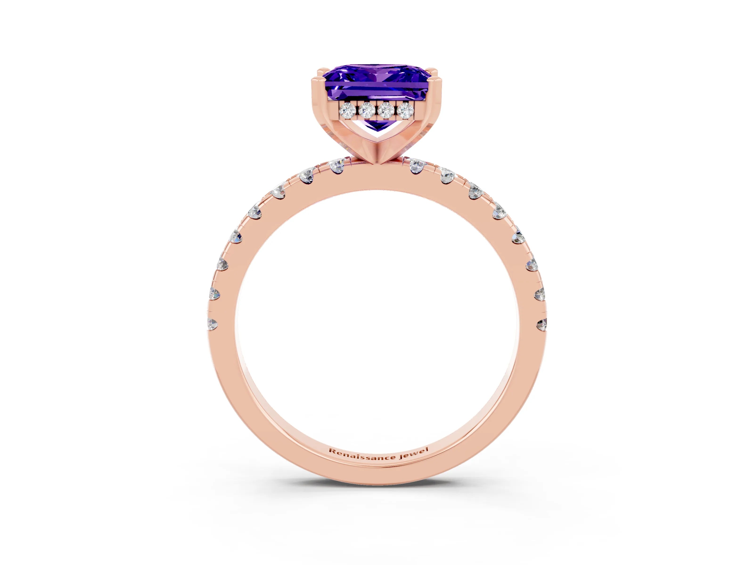 Rose gold Princess Cut Tanzanite Solitaire Ring with Pavé Band and Four-Prong Setting_27