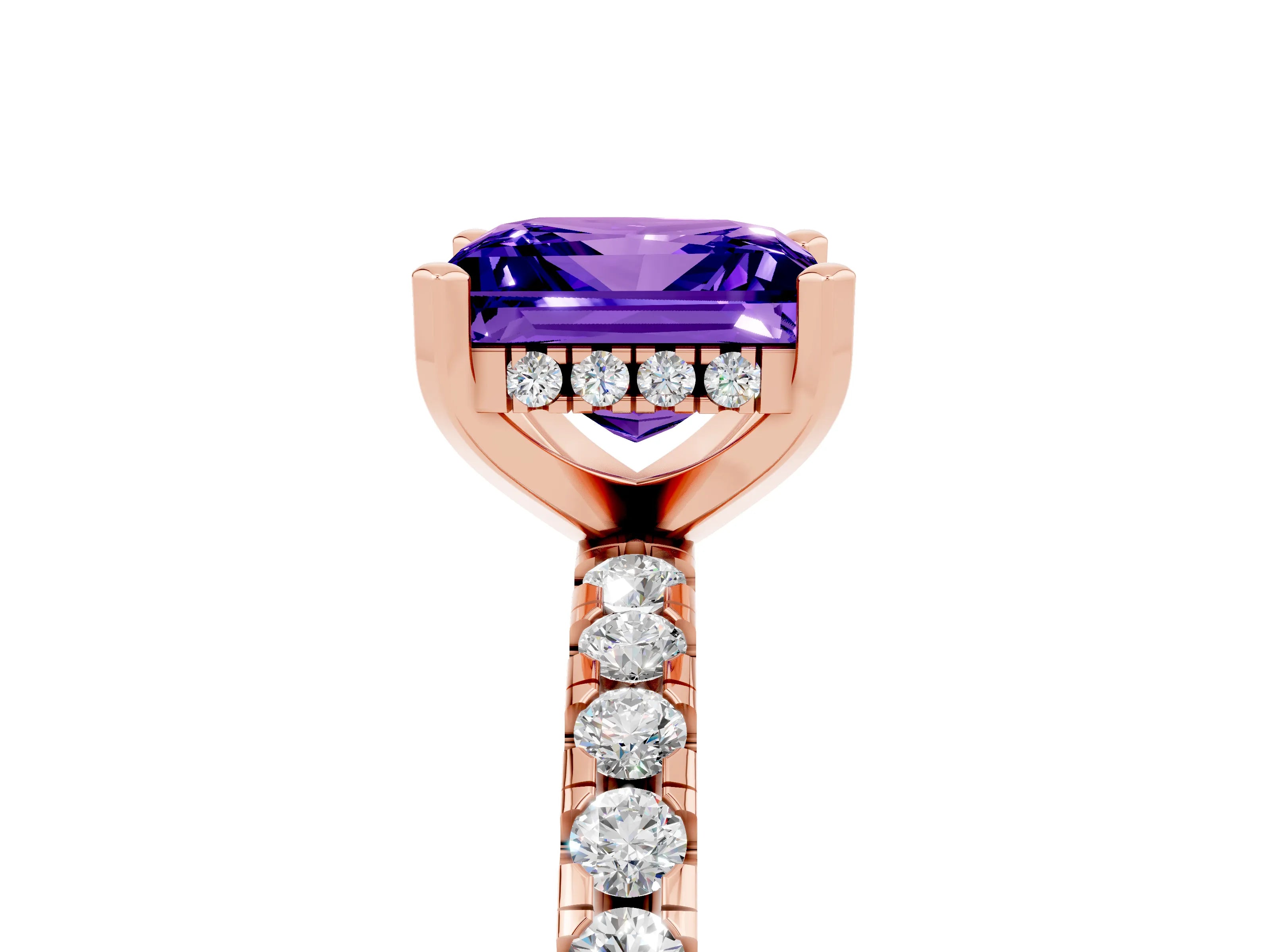 Rose gold Princess Cut Tanzanite Solitaire Ring with Pavé Band and Four-Prong Setting_29