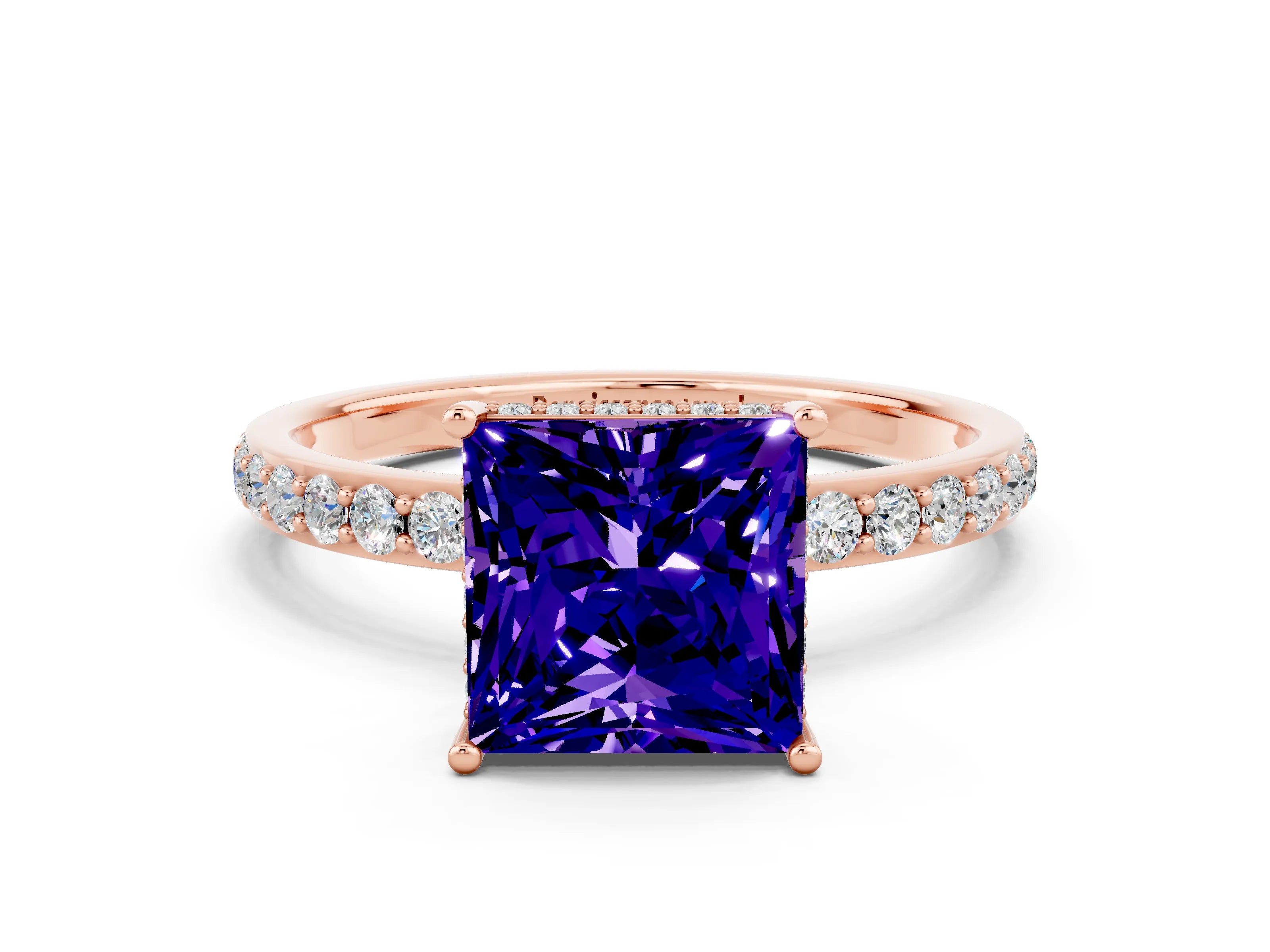 Rose gold Princess Cut Tanzanite Solitaire Ring with Pavé Band and Hidden Halo_12