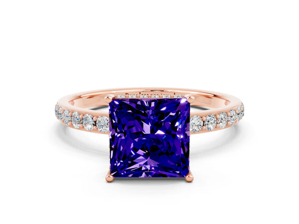 Rose gold Princess Cut Tanzanite Solitaire Ring with Pavé Band and Hidden Halo