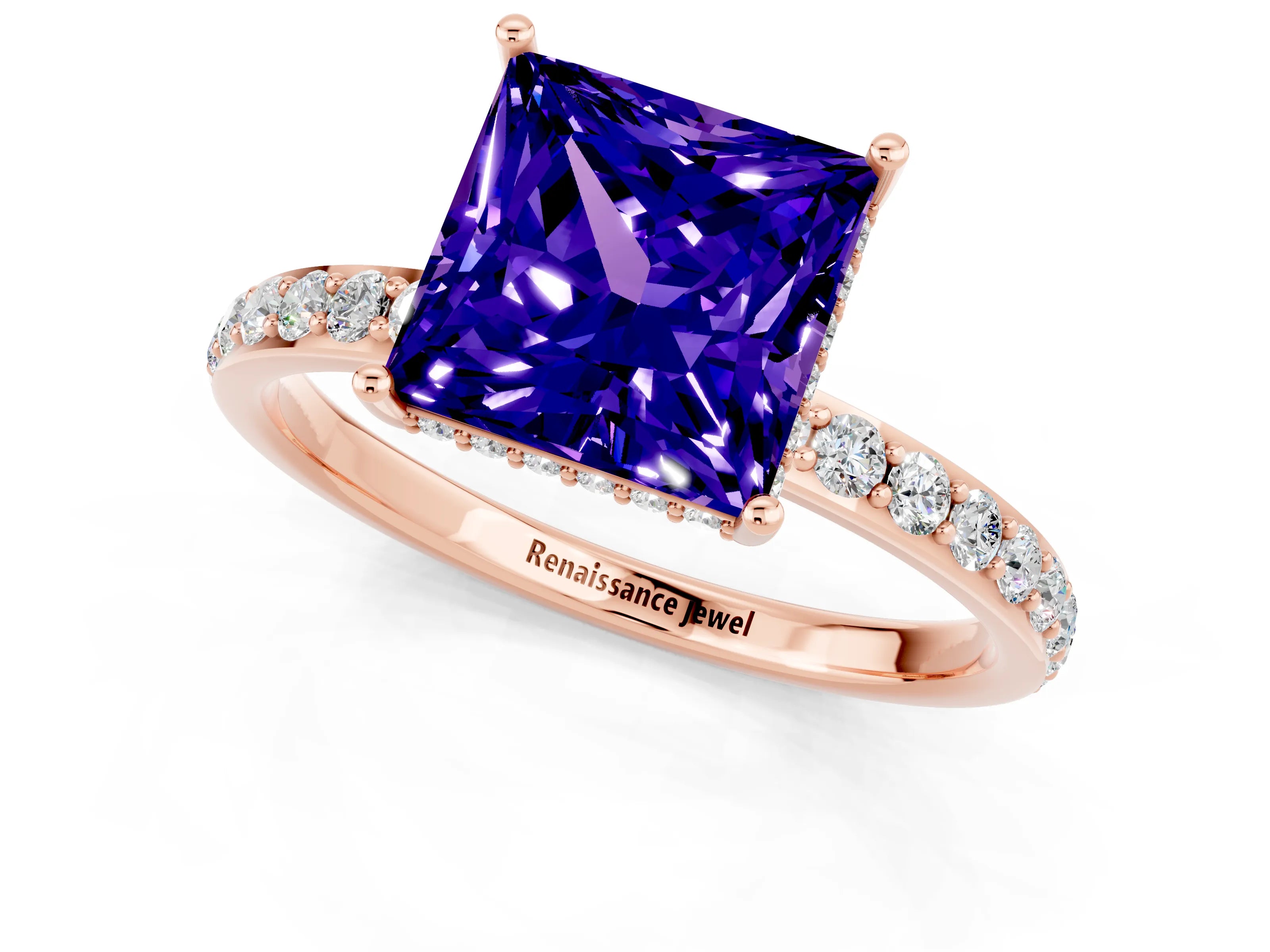 Rose gold Princess Cut Tanzanite Solitaire Ring with Pavé Band and Hidden Halo_13