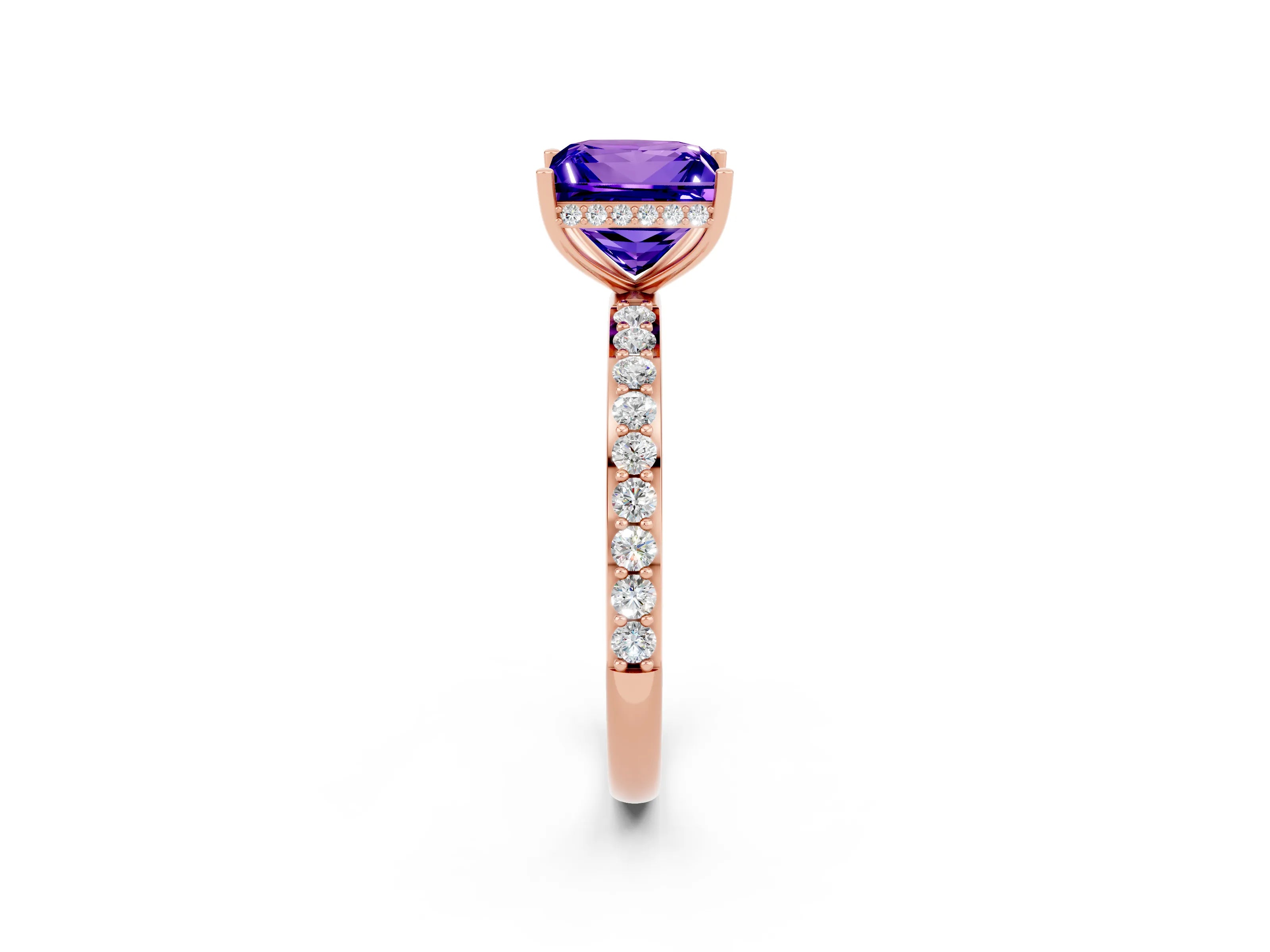 Rose gold Princess Cut Tanzanite Solitaire Ring with Pavé Band and Hidden Halo_14