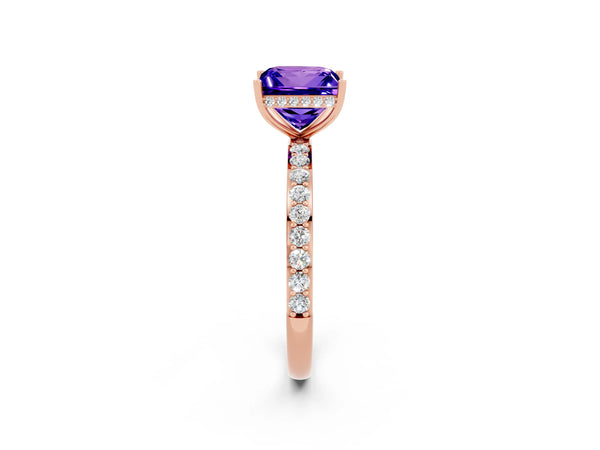 Rose gold Princess Cut Tanzanite Solitaire Ring with Pavé Band and Hidden Halo