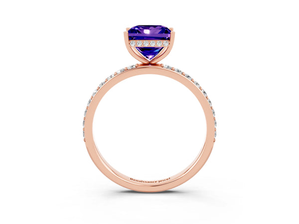 Rose gold Princess Cut Tanzanite Solitaire Ring with Pavé Band and Hidden Halo