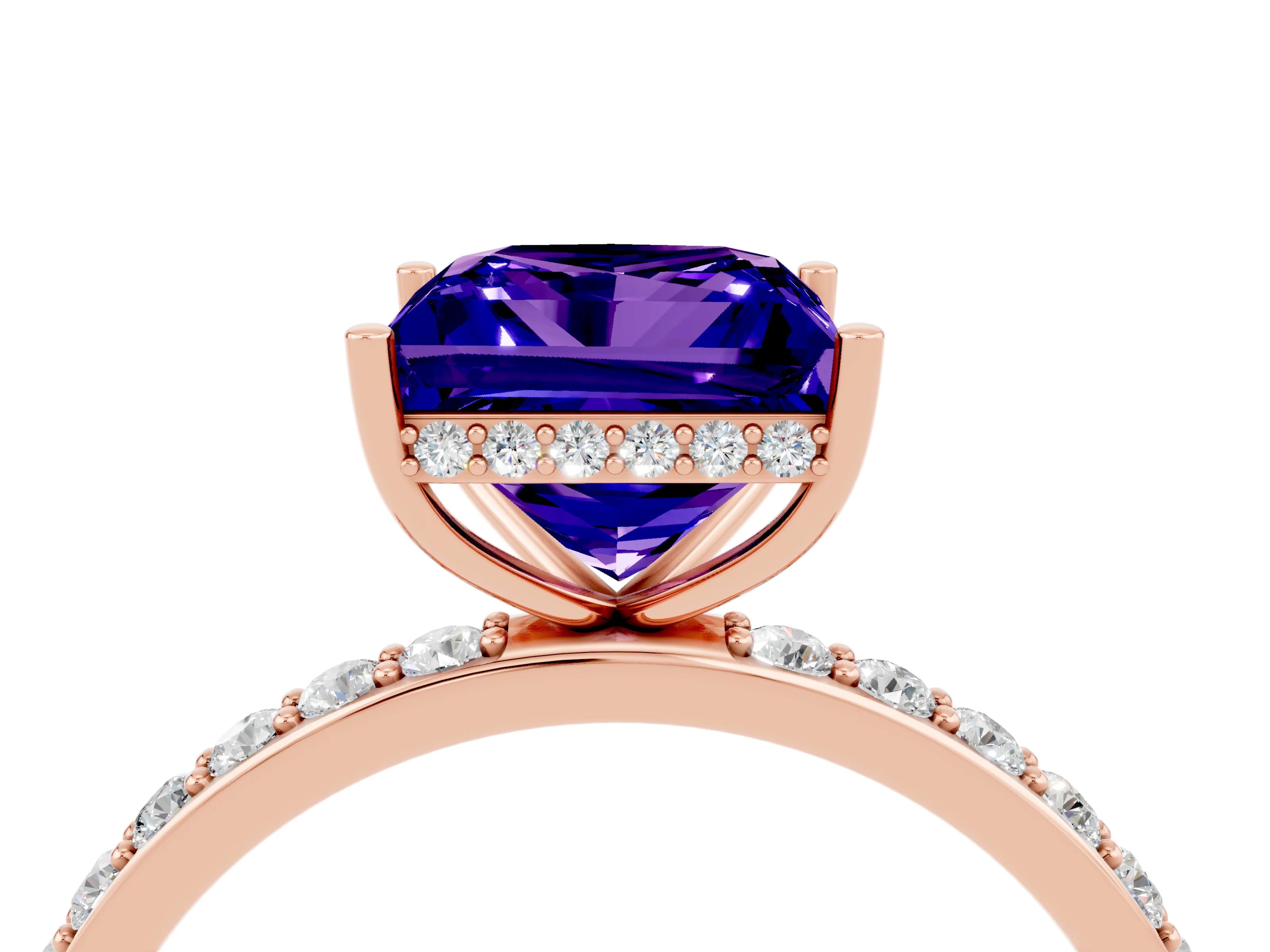 Rose gold Princess Cut Tanzanite Solitaire Ring with Pavé Band and Hidden Halo_16