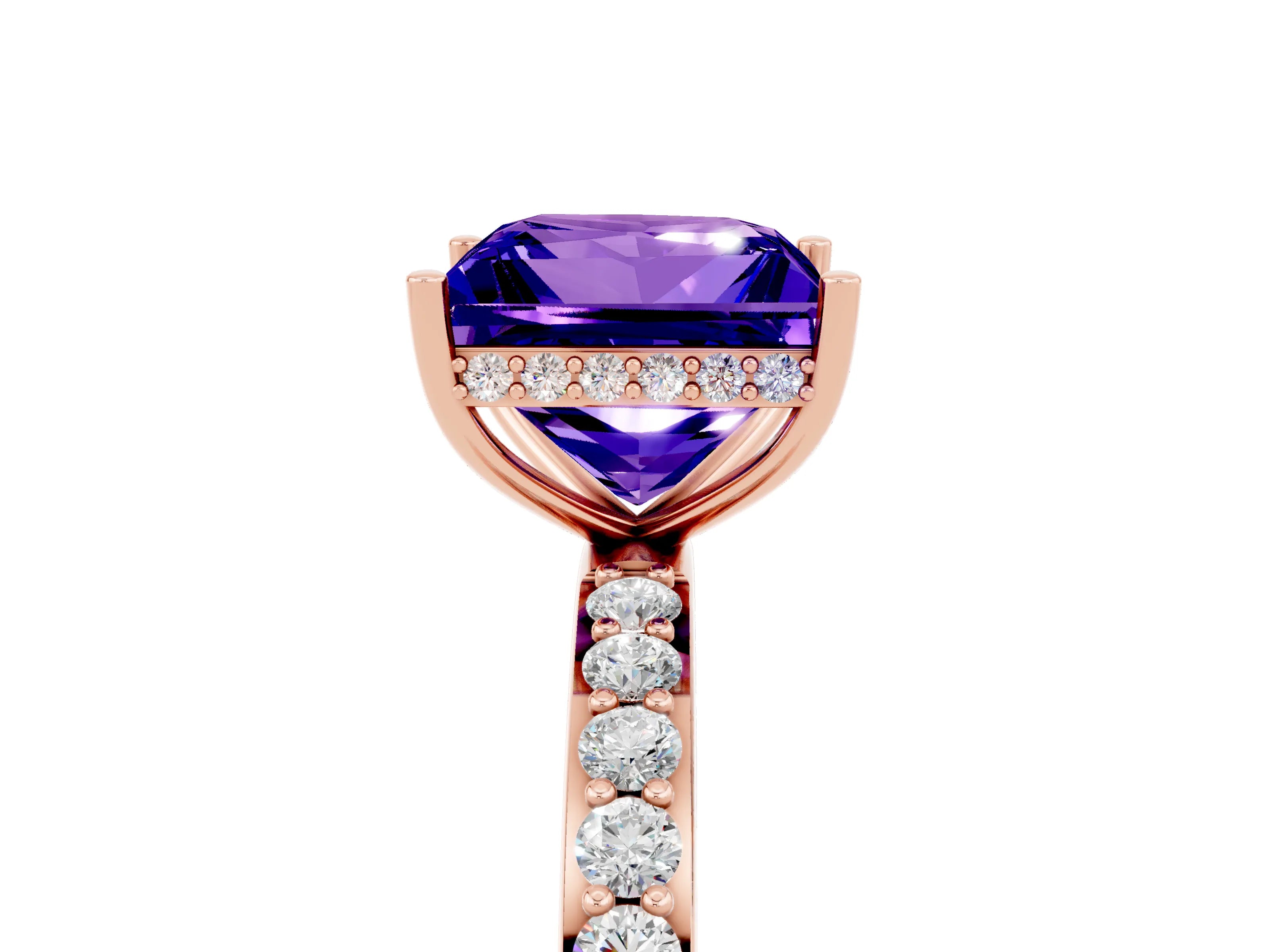 Rose gold Princess Cut Tanzanite Solitaire Ring with Pavé Band and Hidden Halo_17