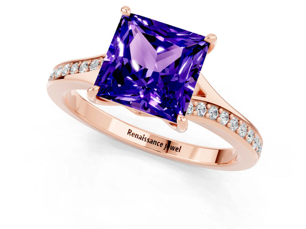 Rose gold Princess Cut Tanzanite Solitaire Ring with Pavé Band and Prong Setting