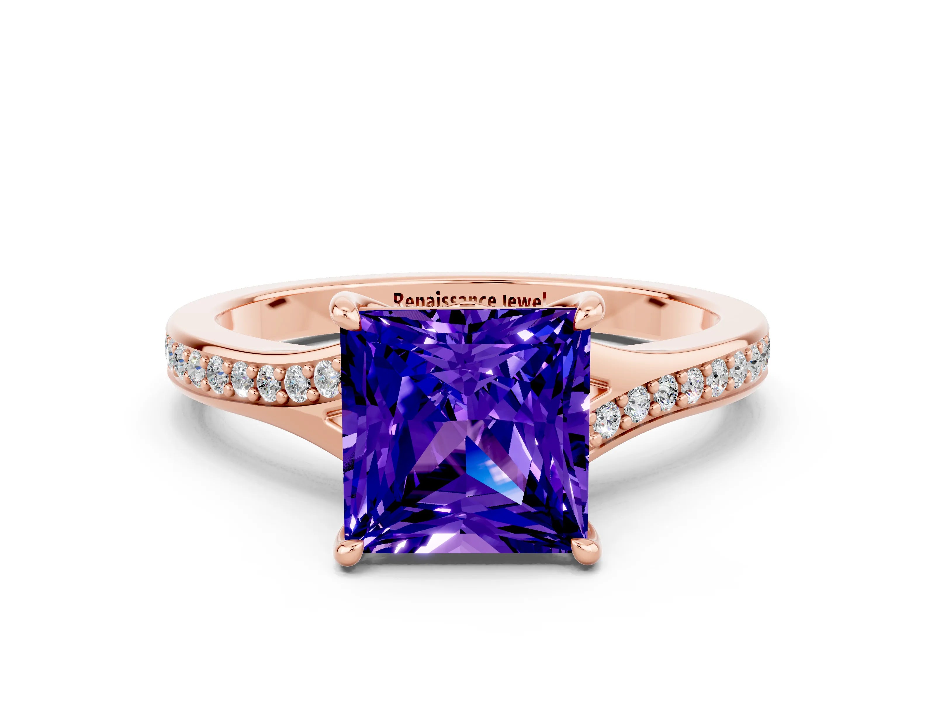 Rose gold Princess Cut Tanzanite Solitaire Ring with Pavé Band and Prong Setting_12