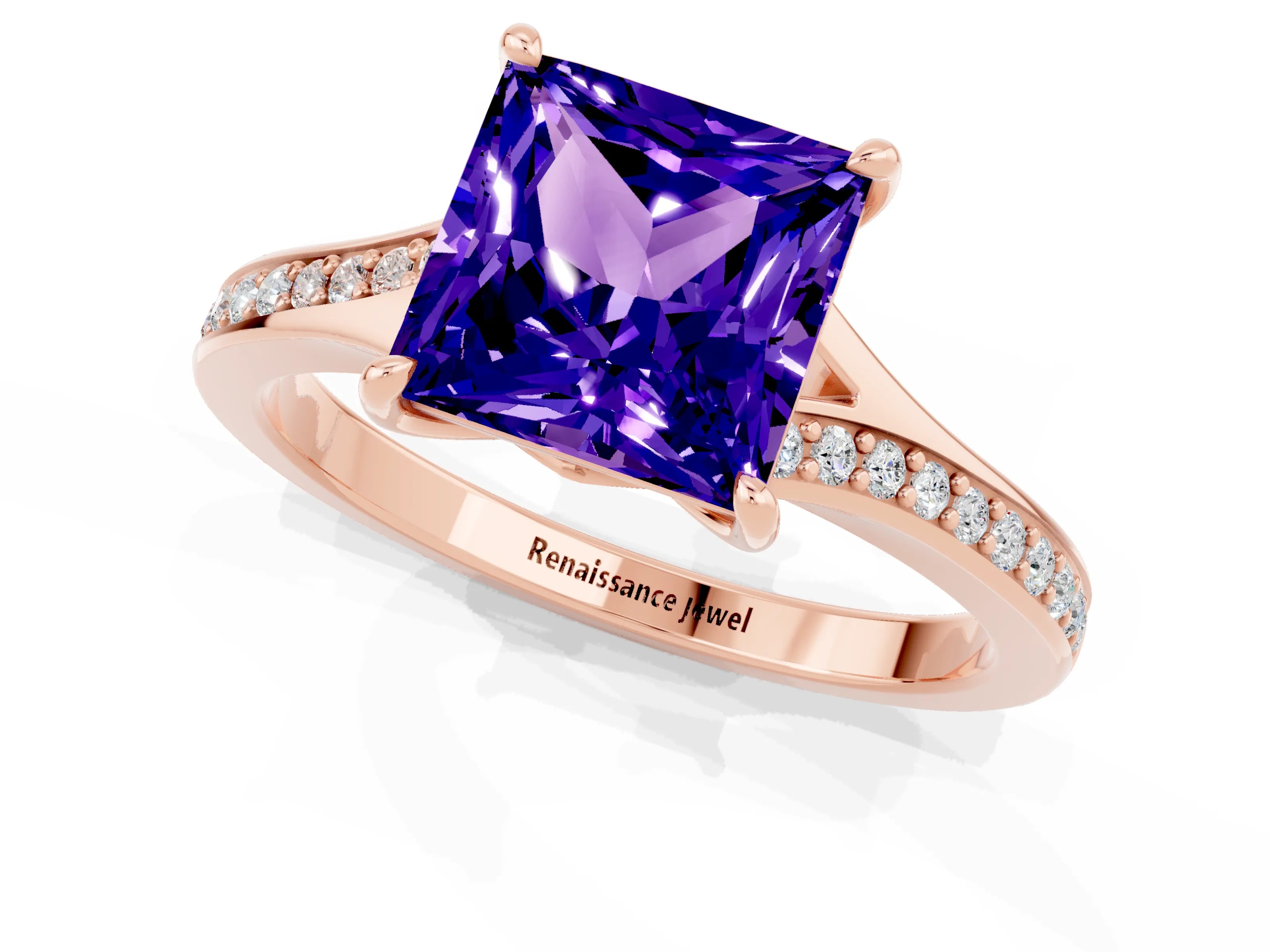 Rose gold Princess Cut Tanzanite Solitaire Ring with Pavé Band and Prong Setting_13