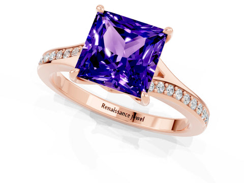Rose gold Princess Cut Tanzanite Solitaire Ring with Pavé Band and Prong Setting_13