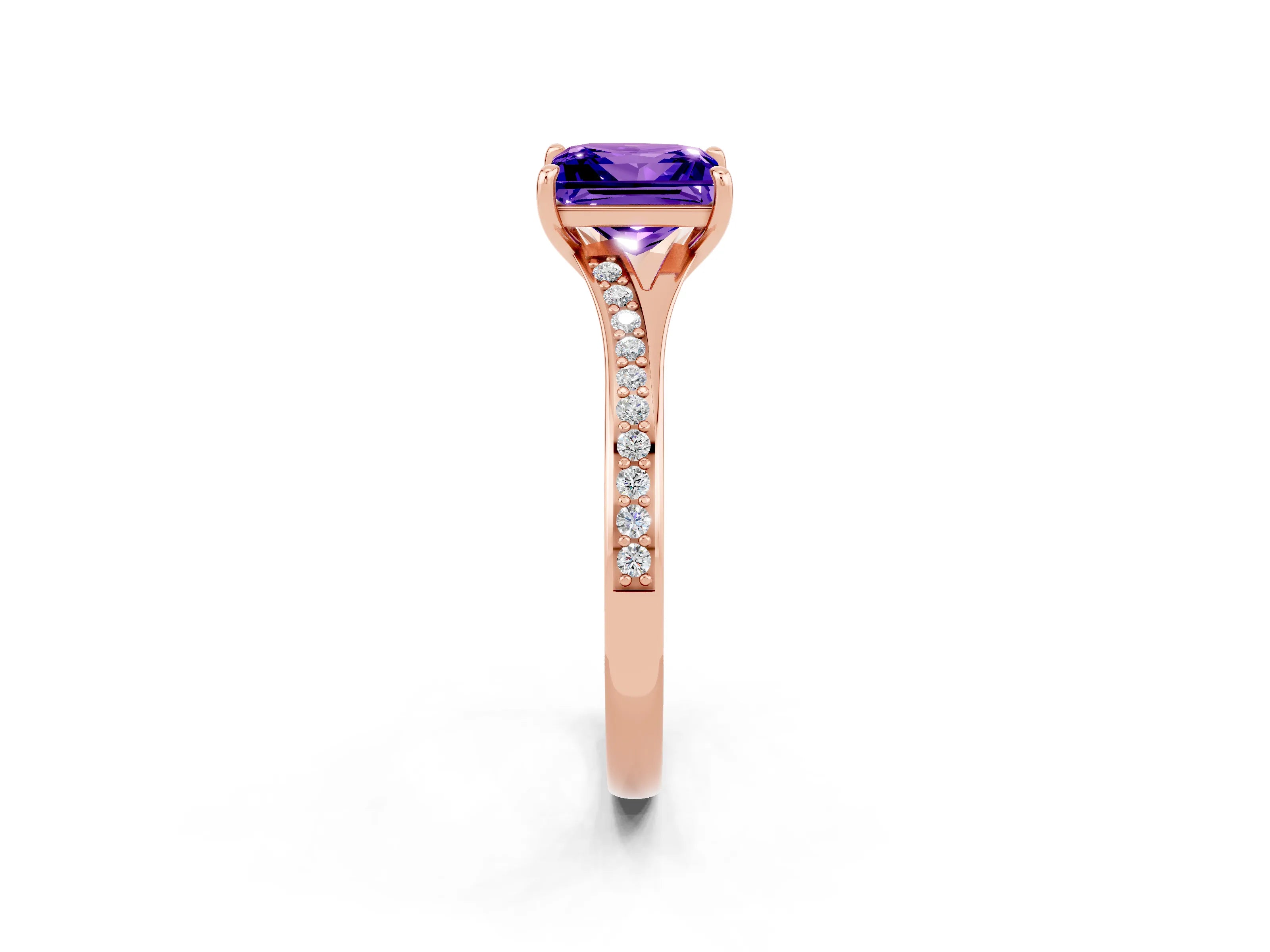 Rose gold Princess Cut Tanzanite Solitaire Ring with Pavé Band and Prong Setting_14