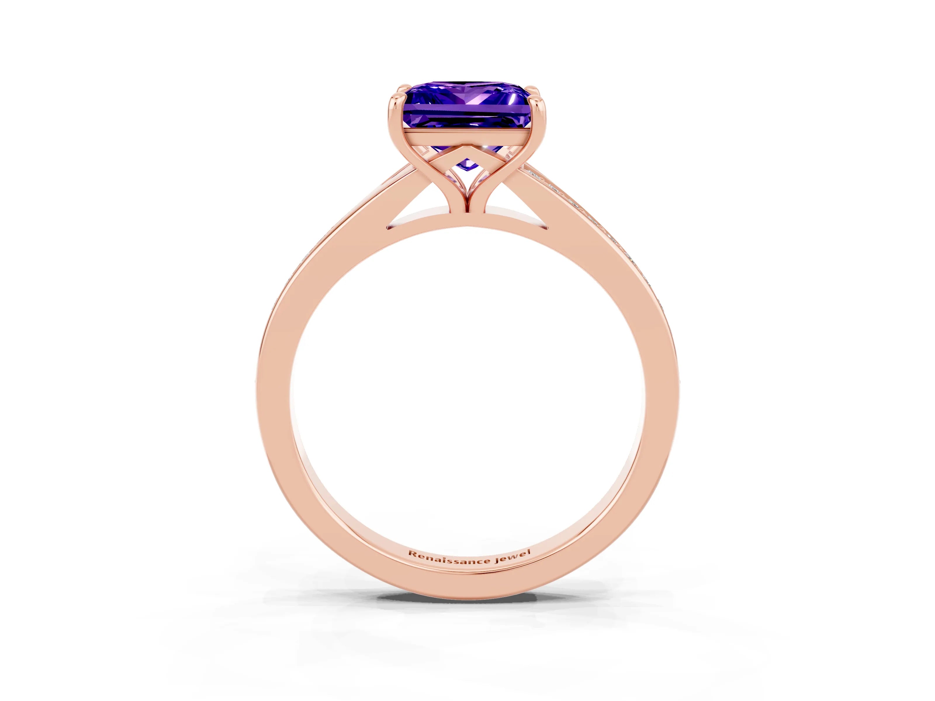 Rose gold Princess Cut Tanzanite Solitaire Ring with Pavé Band and Prong Setting_15