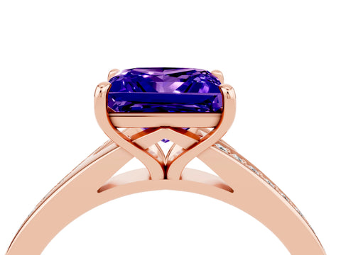 Rose gold Princess Cut Tanzanite Solitaire Ring with Pavé Band and Prong Setting_16