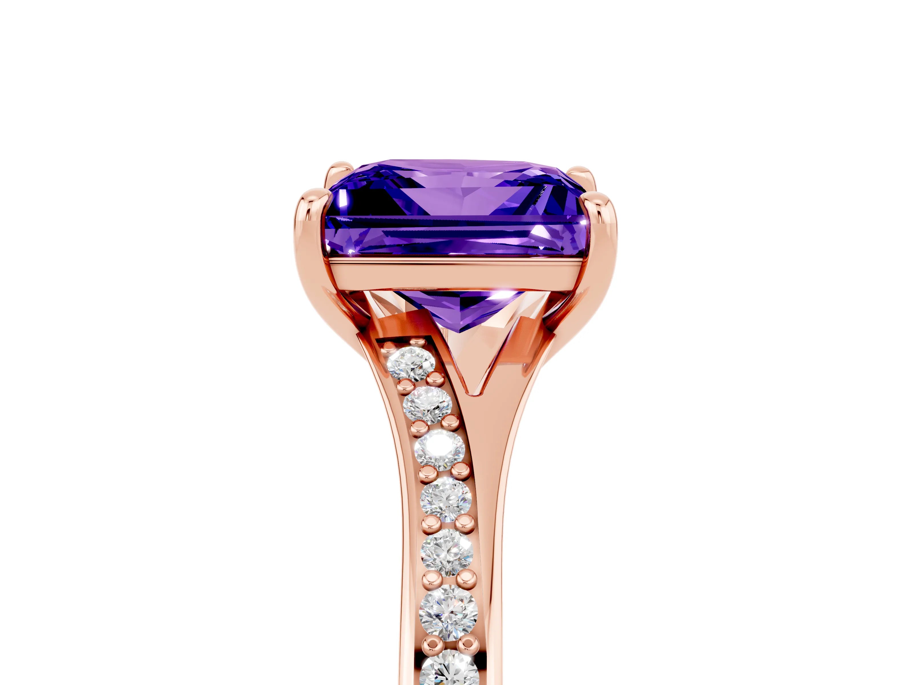 Rose gold Princess Cut Tanzanite Solitaire Ring with Pavé Band and Prong Setting_17