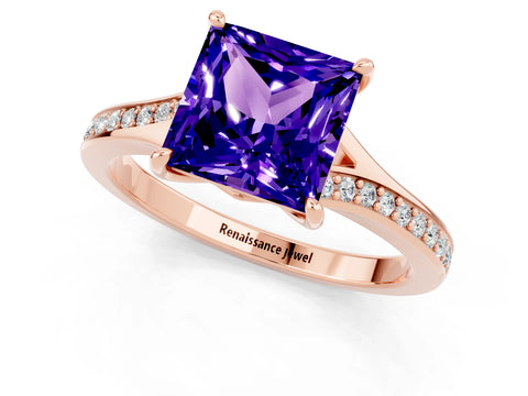 Rose gold Princess Cut Tanzanite Solitaire Ring with Pavé Band and Prong Setting_1