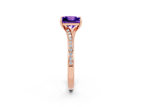 Rose gold Princess Cut Tanzanite Solitaire Ring with Pavé Band and Prong Setting
