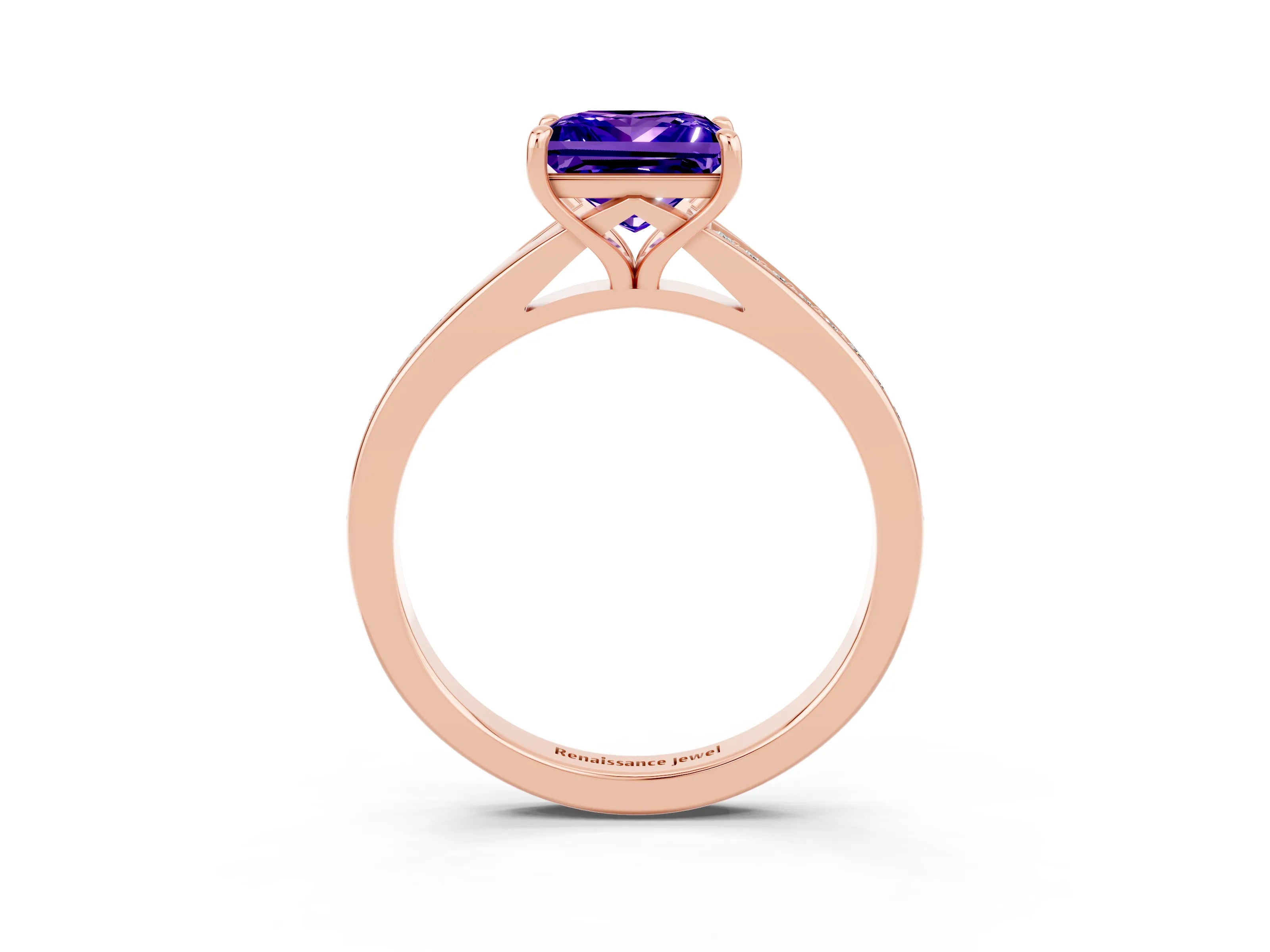 Rose gold Princess Cut Tanzanite Solitaire Ring with Pavé Band and Prong Setting_3