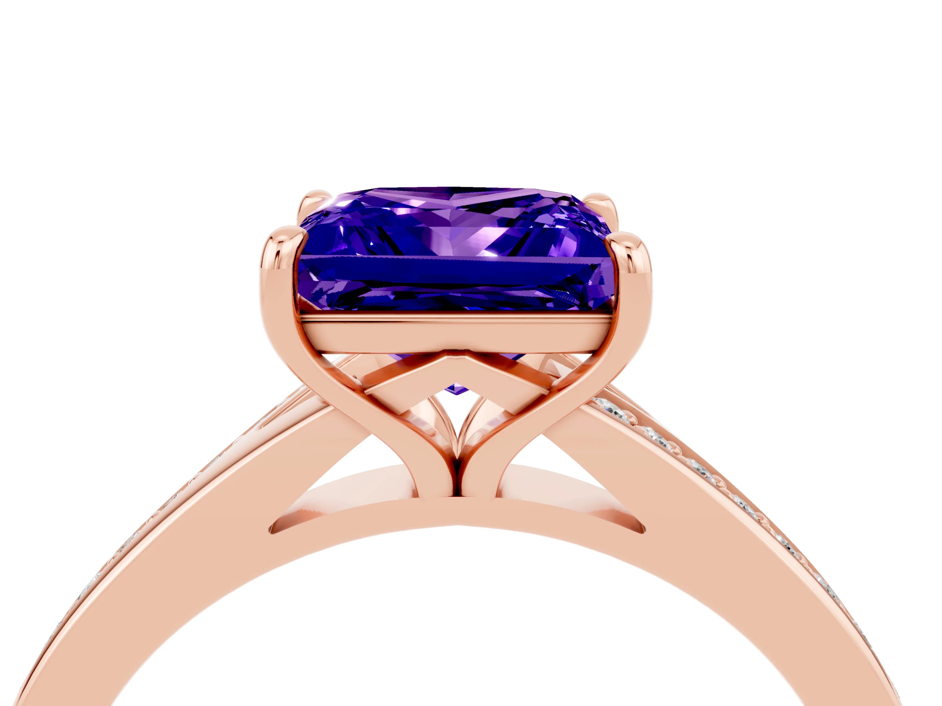 Rose gold Princess Cut Tanzanite Solitaire Ring with Pavé Band and Prong Setting_4